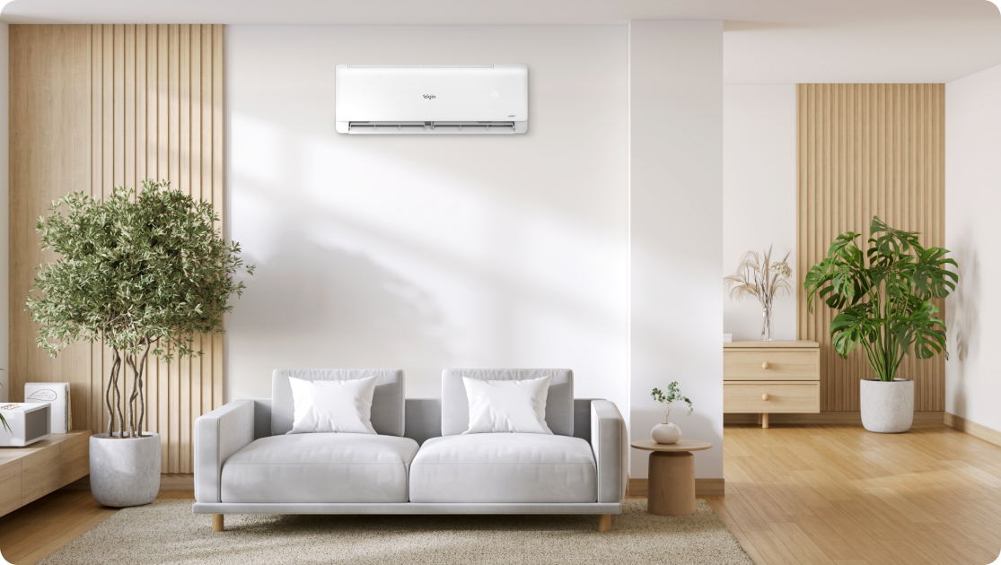 Aparelho de ar condicionado Elgin (unidade interna Split) instalado em uma sala moderna. O texto explica como calcular ps btus do ar-condicionado e destaca as promoções de ar- condicionado na Black Friday da Tupan. Aparelho de ar condicionado Elgin (unidade interna Split) instalado em uma sala moderna. O texto explica como calcular ps btus do ar-condicionado e destaca as promoções de ar- condicionado na Black Friday da Tupan.